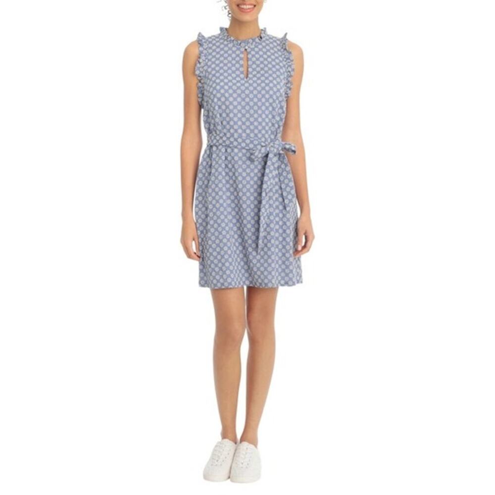 London Times Blue White Floral Daisy Eyelet Ruffle Shirt Dress 4P P4 4 Petite
